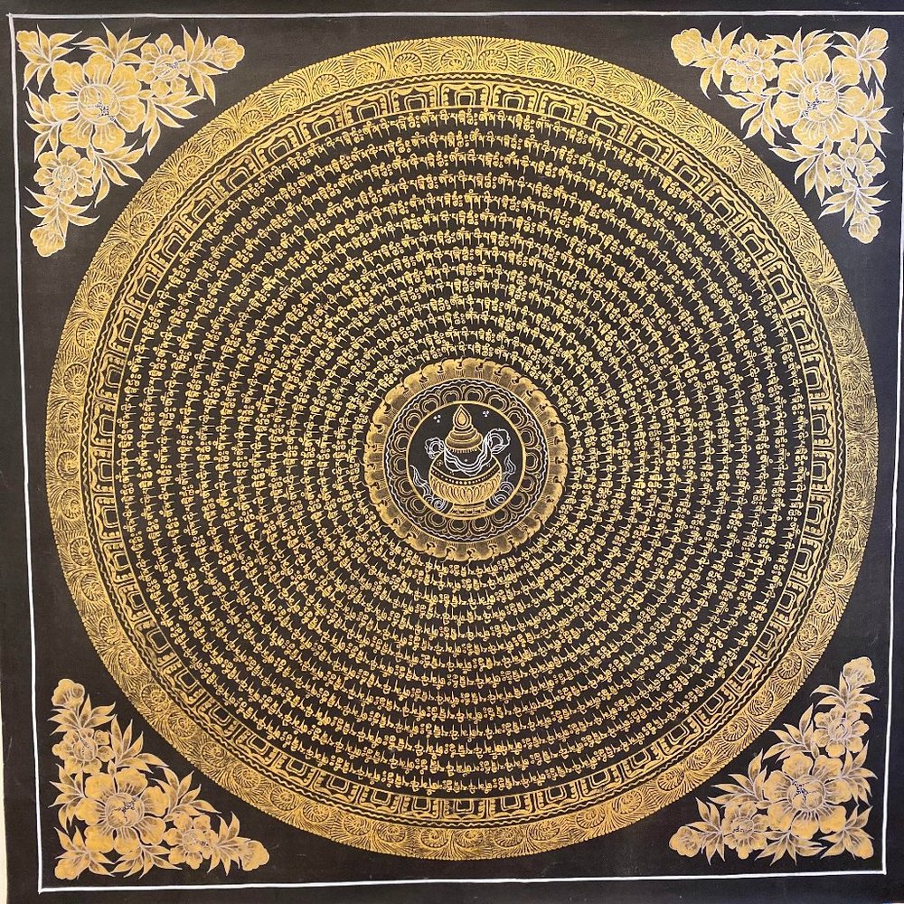 Original Hand-Painted Traditional Tibetan Buddhist Compassion Mantra Mandala.